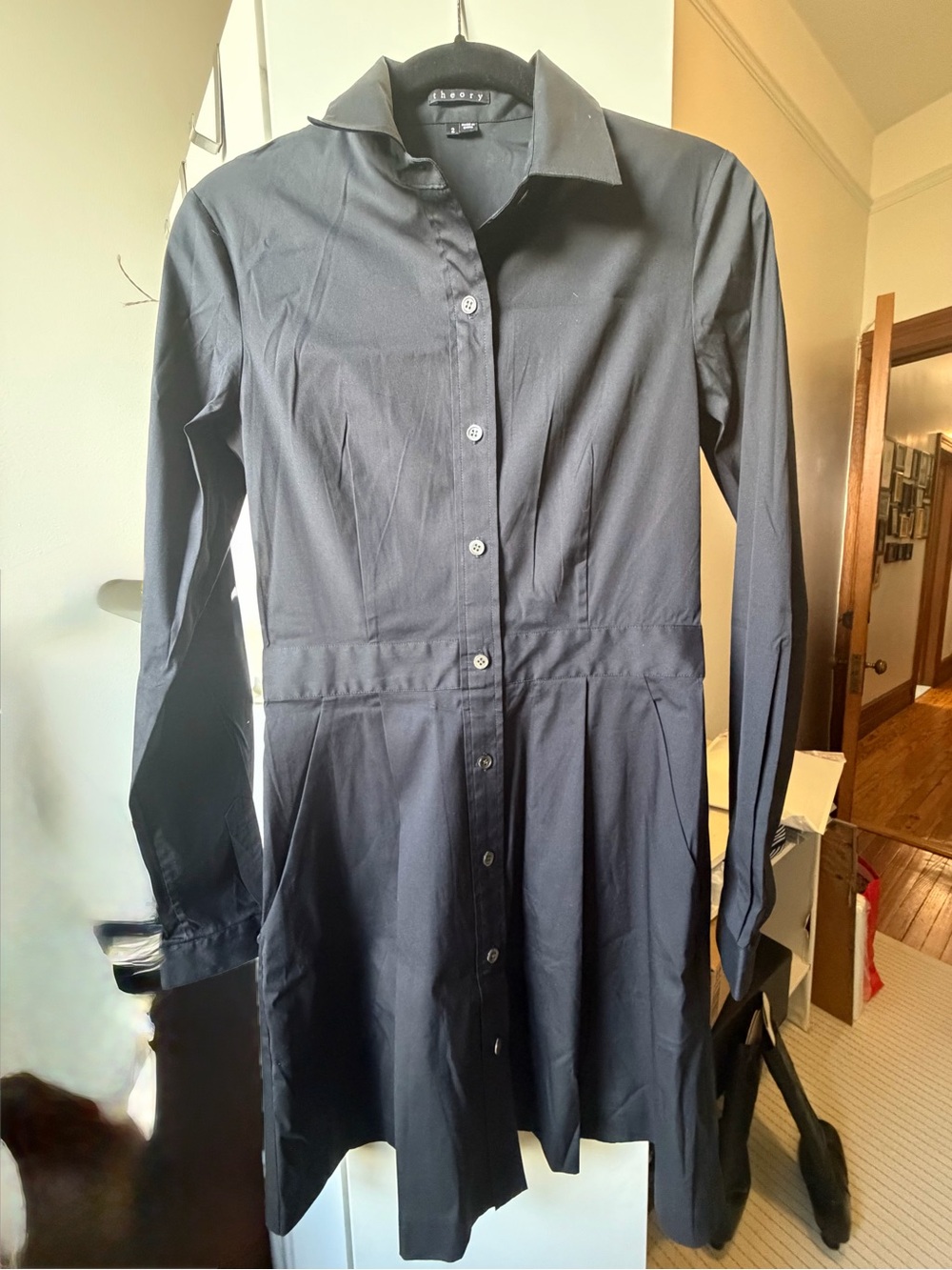 Theory Dark Blue Long-Sleeve Button-Front Shirt Dress
